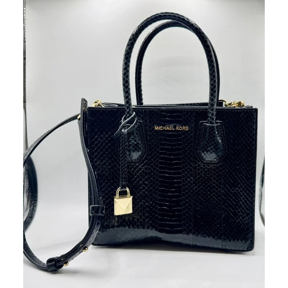 Michael Kors Mercer Messenger Bag Medium Black Snake Embossed Leather Gold Purse